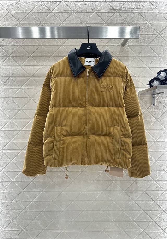 Miumi* 2025 new arrival: leather-collared corduroy down jacket. custom Yb cordur
