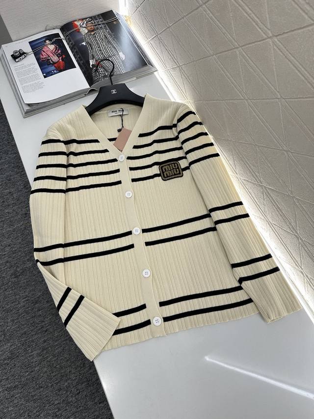Miumi* 2025 New Arrival: Three-Piece Suspender Knit Cardigan and Trousers Set. C