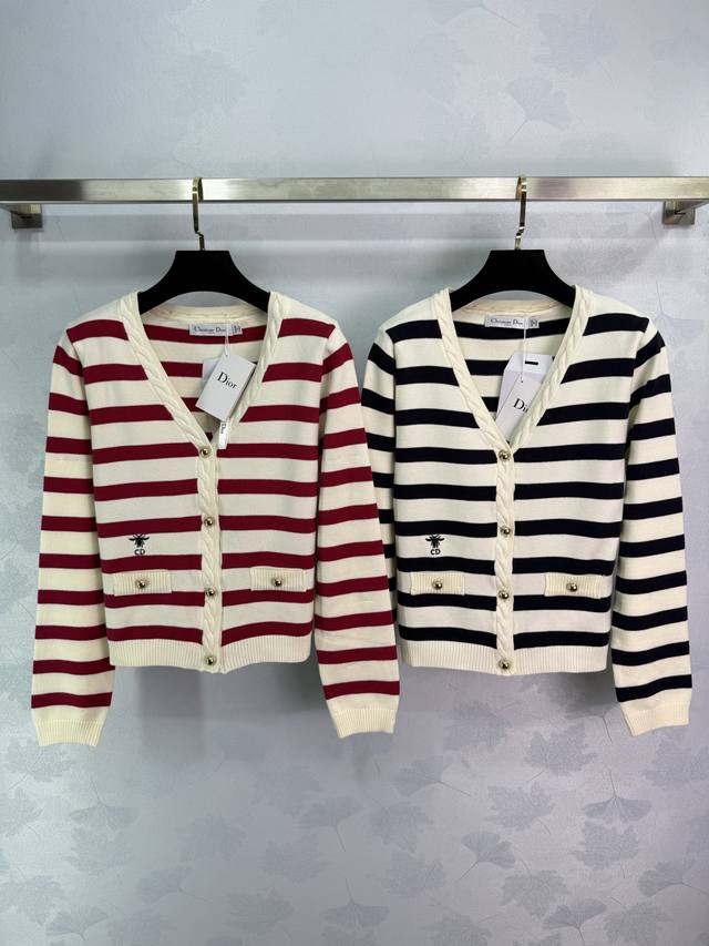 Dio*25's new early fall striped knit cardigan features a V-neck design with bee