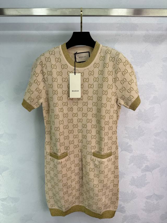 Gu*25 New Early Fall Monogram Knit Dress with Gold Double G Printed Neckline and