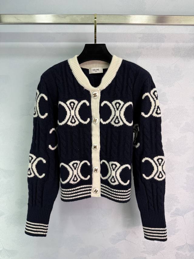 Celin* 2025 Early Fall new contrast Arc de Triomphe round-neck knitted cardigan!