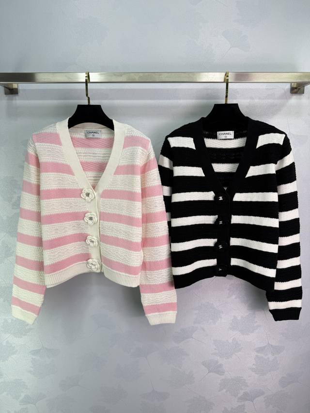 Ch*2025 Early Fall new striped knitted cardigan with exquisite 3D camellia embel
