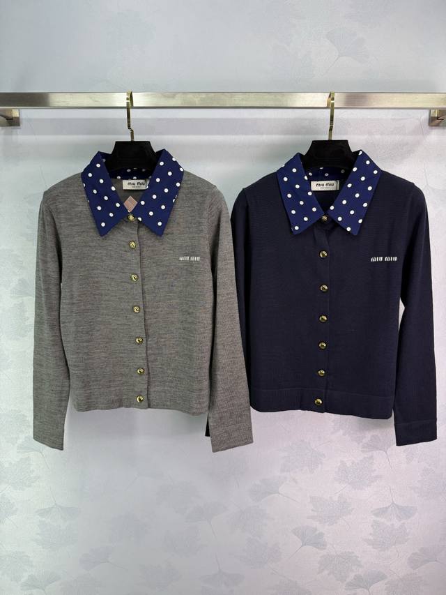 Miumi* 2025 Early Fall new contrast polka dot knitted long-sleeved cardigan! Cra