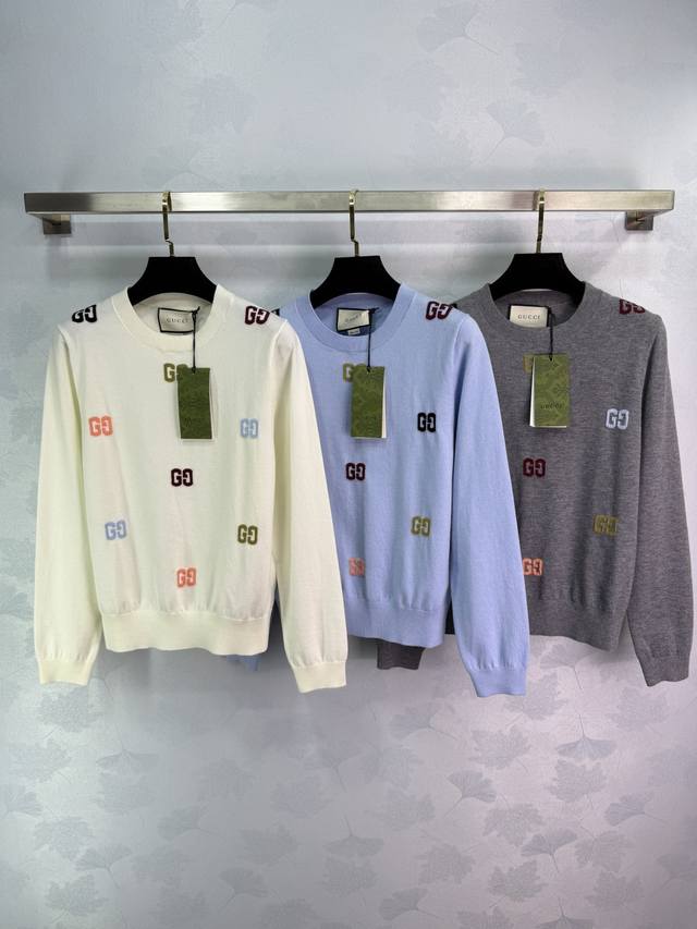 Gu*25 Early Fall new round-neck knit sweater with colorful GG embroidery on the