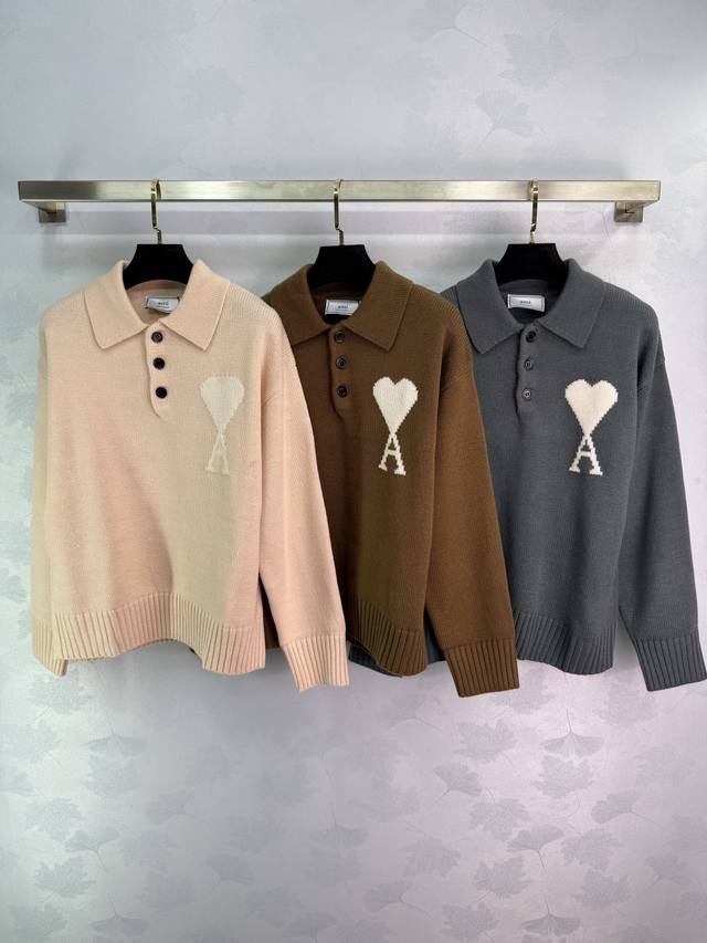 Am*25 New autumn and winter knitted lapel pullover, classic brand heart letter A