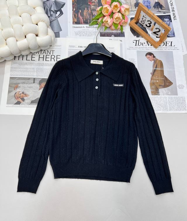 Miumiu's new 2025 letter patch cable knit top with lapel, custom-made YB cashmer