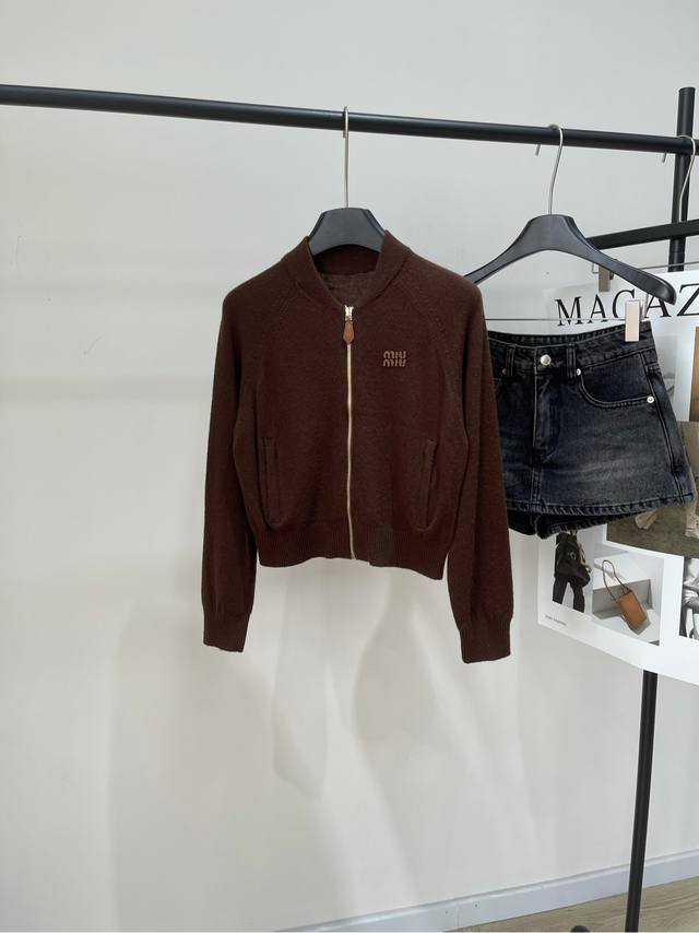 M Brown Baseball Knit Cardigan with Leather Label. Fabric: Cashmere Blend. Color