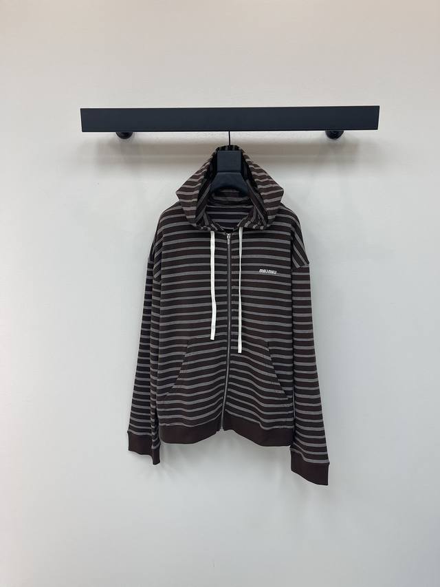 Miumi* 25 Early Fall New Brown Striped Cotton Zipper Hooded Sweatshirt Jacket |