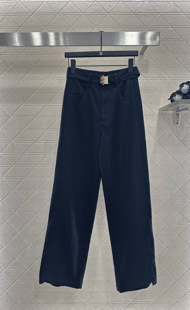 Miumi* 2025 New Arrival: Belt Casual Wide-Leg Pants. Made of custom Yb twill cot