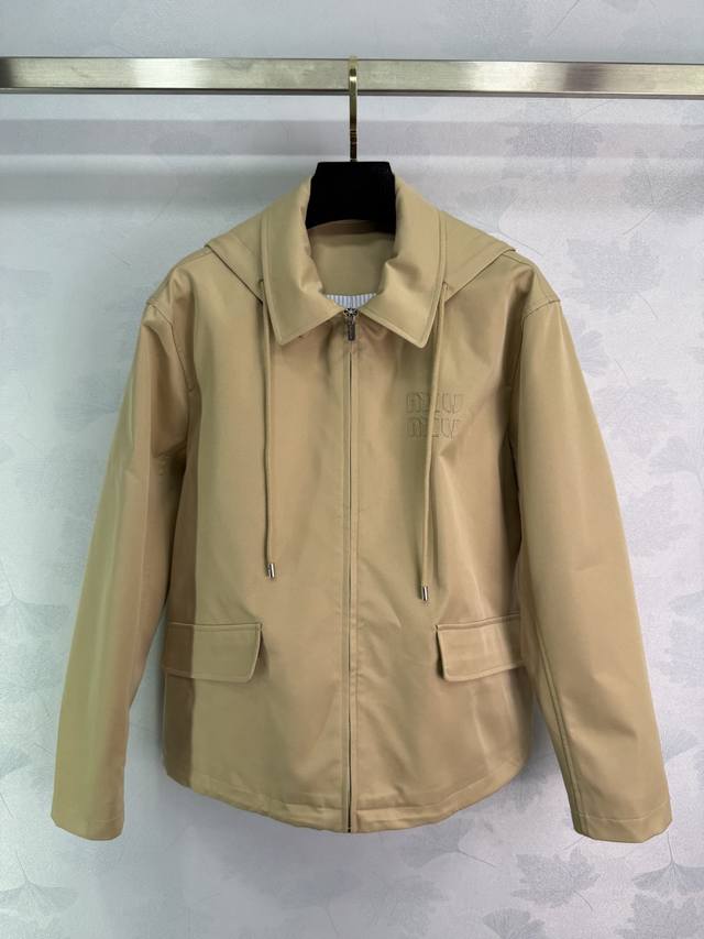 Miumi*2025 new style lapel hooded drawstring trench coat, custom YB imported tre
