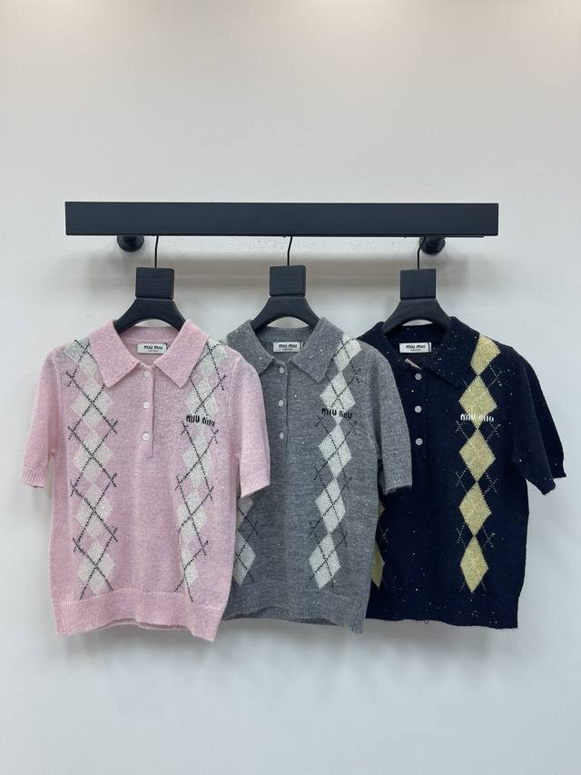 Miumi*25 Early Fall new style, diamond-shaped contrast sequined knit short-sleev
