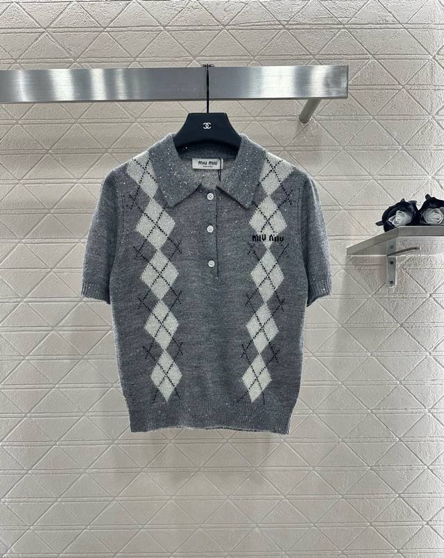 Miumi*2025 New Arrival Diamond-Quartzed Sequin Knit Short Sleeves. Custom Yb woo