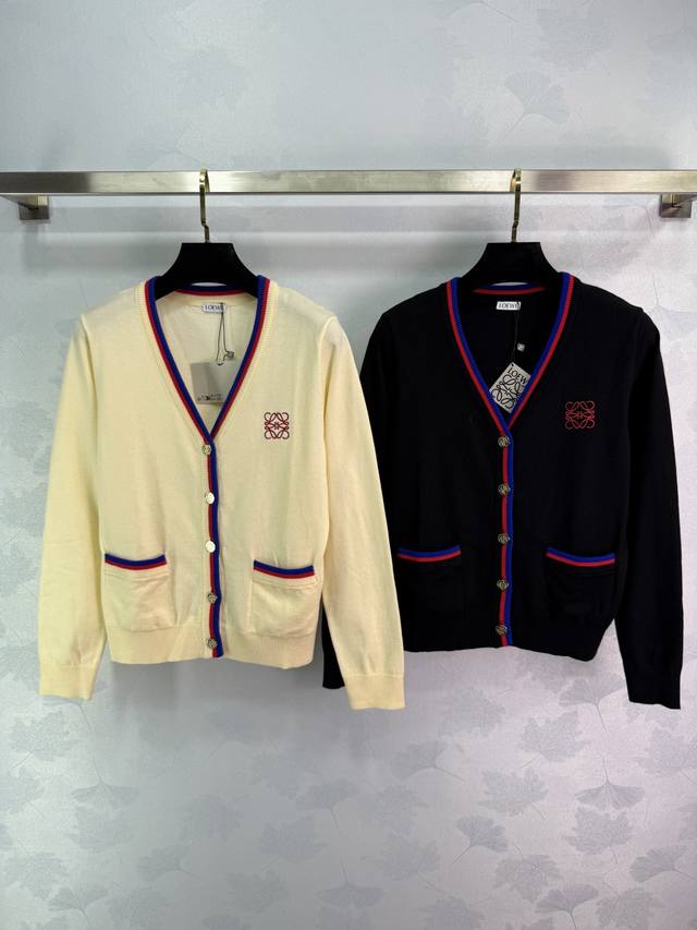 Loewe two-tone knit cardigan, featuring off-white with black and blue stripes,