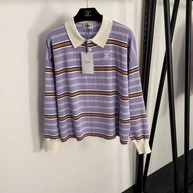Style No. 20255039 Celin* New Logo Embroidered Polo Neck Striped Long Sleeve Kn