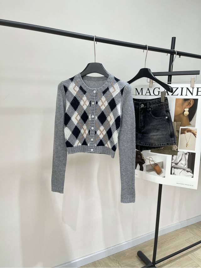 P Grey Square Plaid Cashmere Short Cardigan DDD, Fabric: Cashmere Color: Grey *