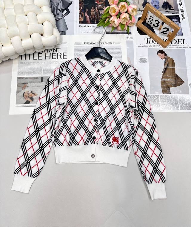 Burberry Check Warhorse Embroidered Cardigan DDD. This preppy-style knit cardiga