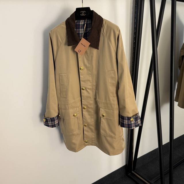 Style No. 20255019 Miumi's latest workwear-style corduroy lapel long-sleeved tr