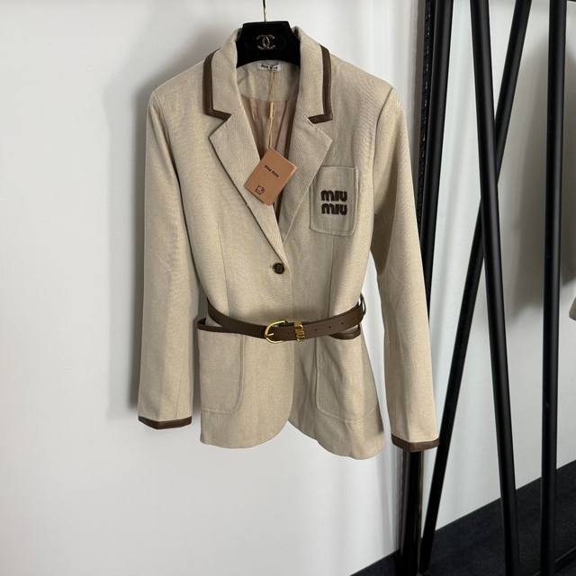 Style No. 20255015 Miumi* new logo embroidered patch pockets and leather lapel
