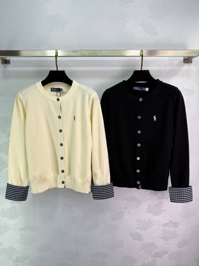Po*2025 Early Fall new style pony logo knitted cardigan with checkered cuffs and