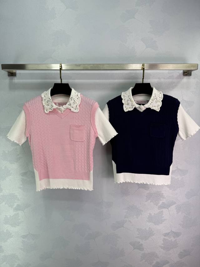 Va*25 Early Fall new knitted two-piece short-sleeved top with pearl lace collar,