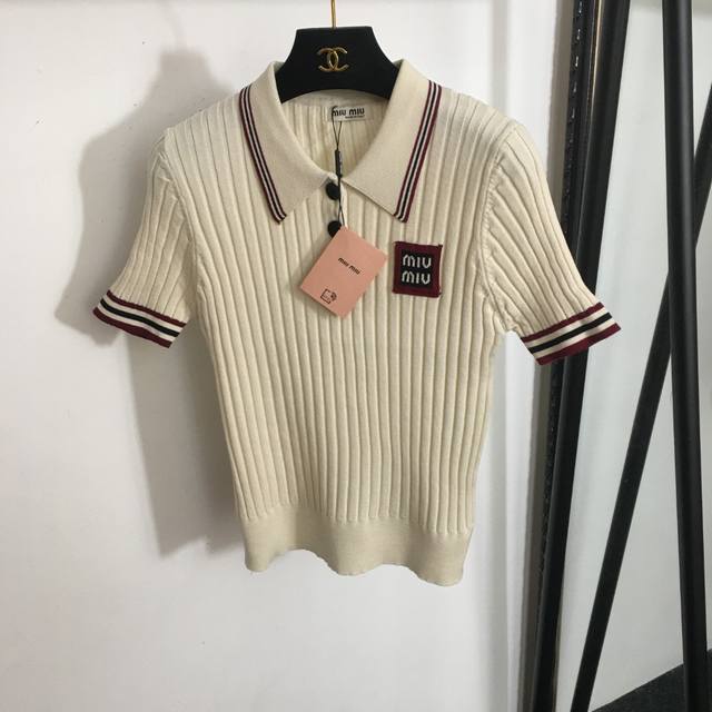 Style No. 0842 Miumi* new chest logo patch polo neck short-sleeved sweater top,