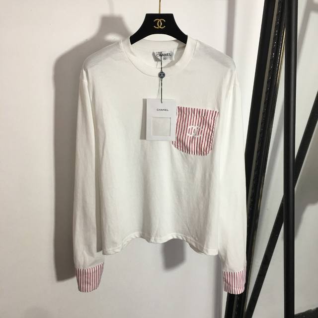 Style No. 0173 Chane* new striped colorblock pocket round neck long-sleeved T-s