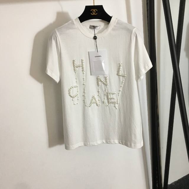 Style No. 3307 Chane* new heavy-duty pearl studded lettering round neck short-s
