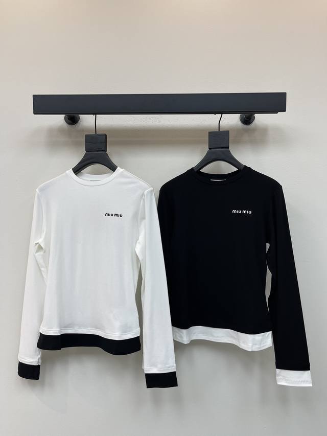 Miumi*25 New Early Autumn Embroidered Letters Contrast Cuffs Long Sleeves Cotton