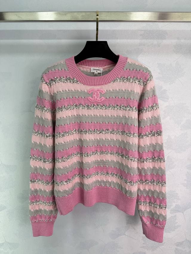 Ch* 2025 Early Fall new colorful striped crochet crew neck top. Custom cashmere
