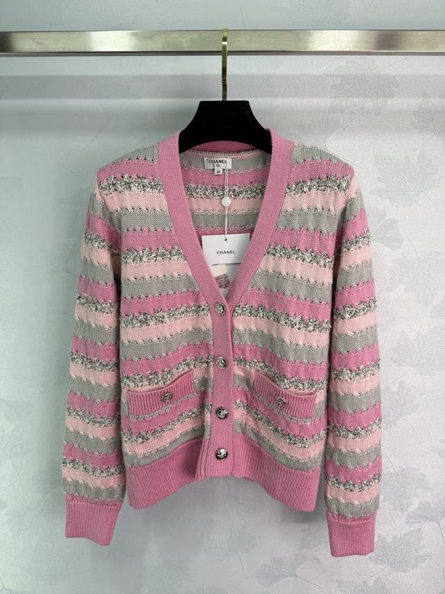 Ch* 2025 Early Fall new colorful striped crocheted V-neck cardigan! Custom cashm