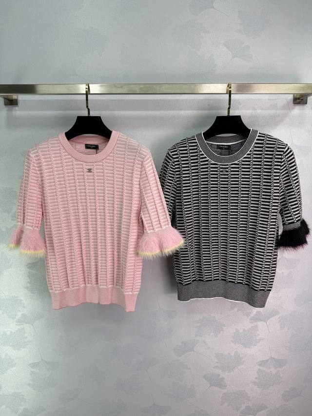 Ch* New 2025 Early Fall knit short-sleeve top with contrasting tassels! Woven fr