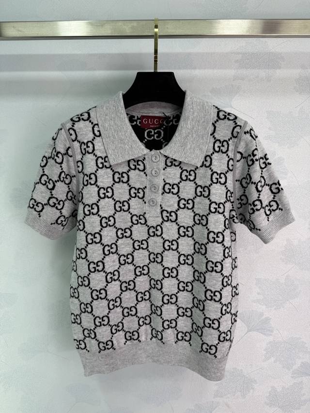 Gucc* New 2025 Early Fall jacquard knit lapel short-sleeve top! Custom-made wool