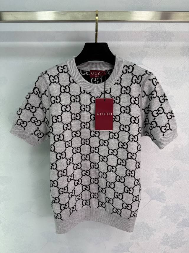 Gucc* New 2025 Early Fall jacquard knit crew neck short sleeves! Custom-made woo