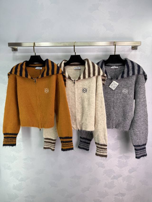 Loe*25 new autumn and winter navy collar knitted cardigan with vertical stripes