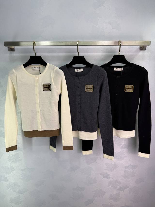 Miumi**2025 Early Fall new embroidered totem logo round neck long-sleeved cardig