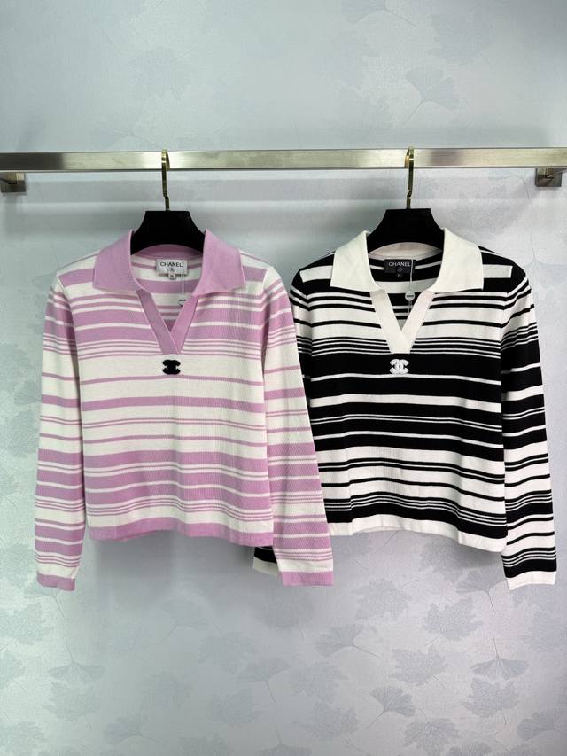 Ch*New 2025 Early Fall striped lapel knitted long-sleeve top! Custom-woven from