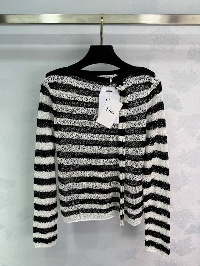 Dio*25 Early Fall new black and white striped hollow knit sweater. Classic black