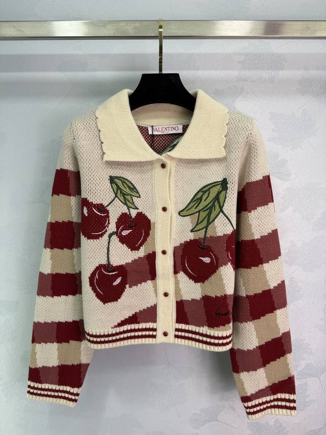 Va*25 New Early Fall Cherry Jacquard Cardigan Off-White with Red Stripes Super C