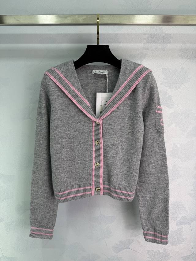 Ch*25 Early Fall new navy collar knitted cardigan with pink trim design, Coco le