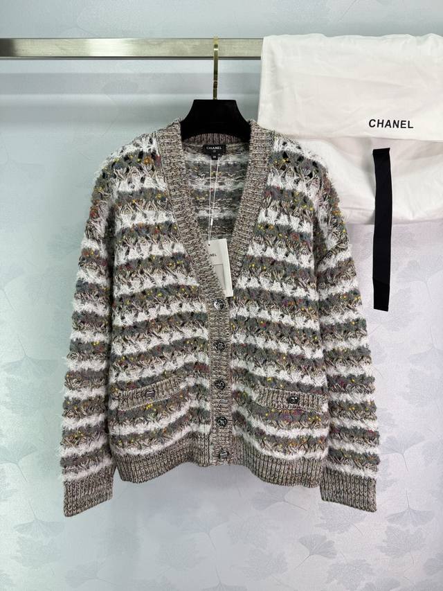 Chane*2025 Fall/Winter new striped knitted cardigan, custom-woven from Yb cashme