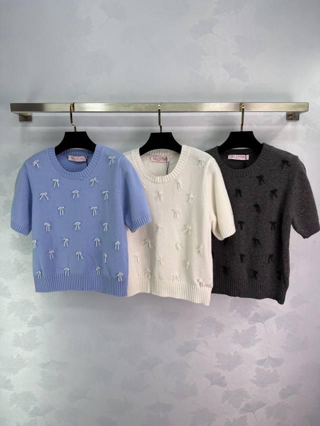 Va* 2025 Early Fall new beaded bow knit short-sleeve top! Custom-woven wool yarn