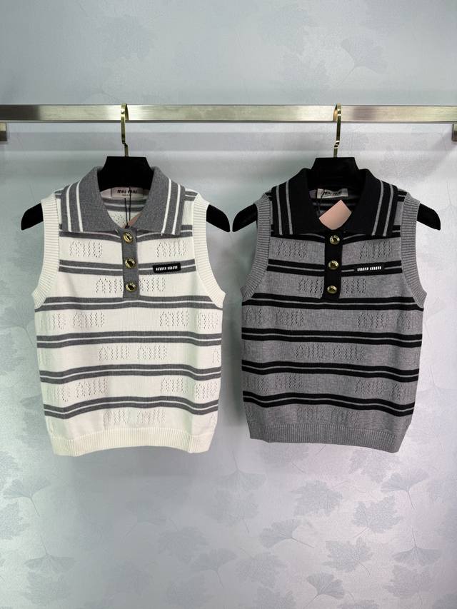 Miumi* 2025 Early Fall New Letter Striped Lapel Vest! Custom-woven wool yarn, so