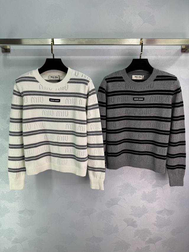 Miumi* 2025 Early Fall new letter-striped pullover long-sleeved sweater! Custom-
