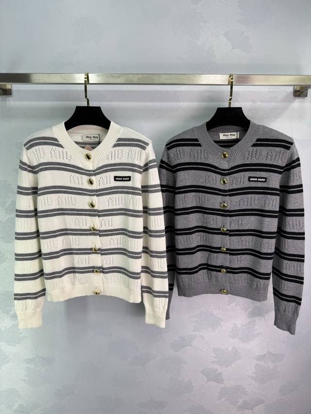 Miumi* 2025 Early Fall New Letter Striped Knit Cardigan! Custom-woven wool yarn,