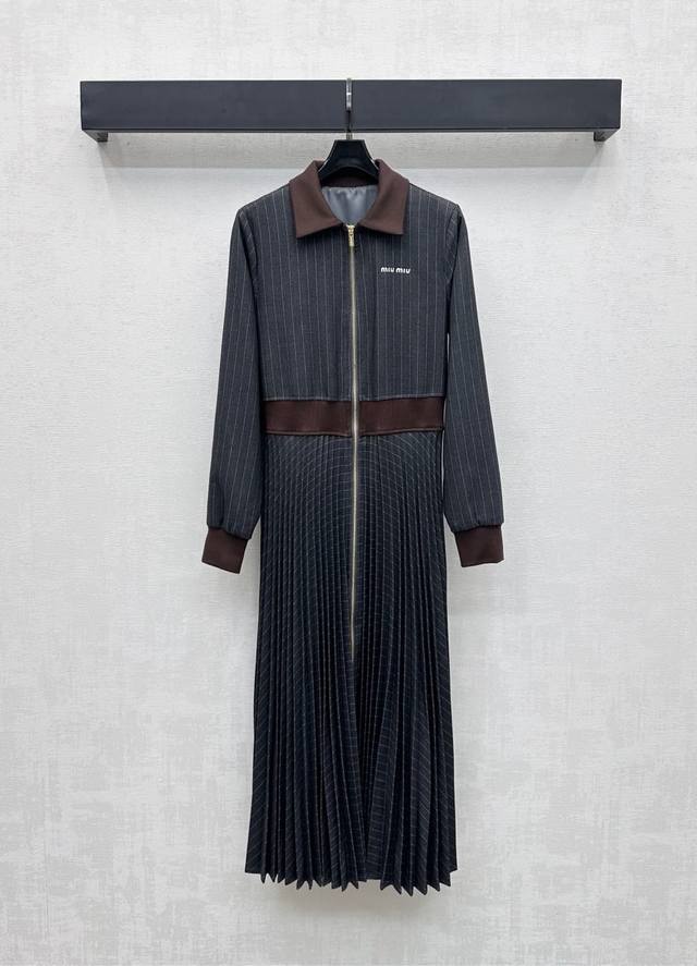 Miumi*2025 New Arrival: Custom-Made Lapel Striped Dress Made of YB Imported Twil