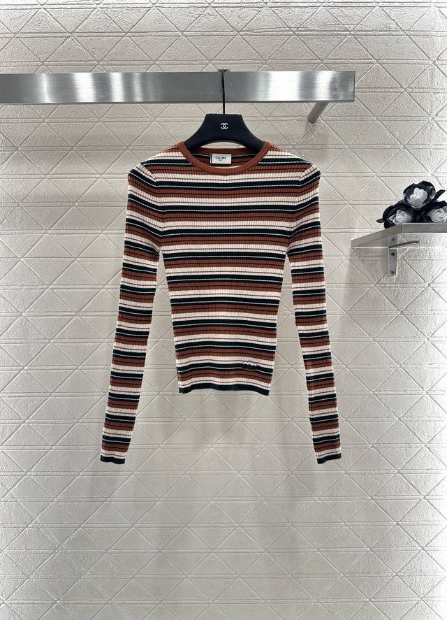 Celin* 2025 New Arrivals: Crew-Neck Knit Striped Crochet Top. Made of custom Yb