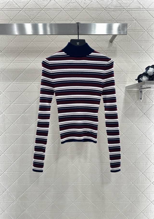 Celin* 2025 New Arrival High-Neck Striped Crochet Knit Top Custom Yb wool knit m