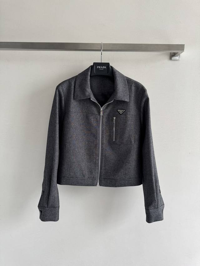 Prad* 25Fw new high-grade gray jacket with classic lapel zipper design, simple a