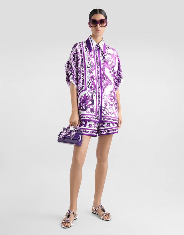 Purple pottery glaze 16mm silk twill print loose casual short-sleeved shirt Sml