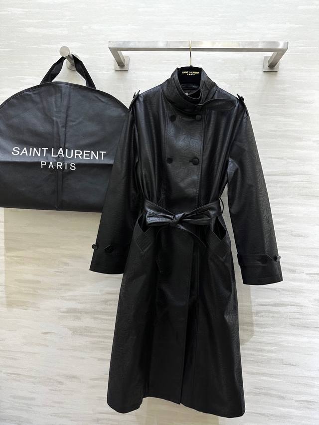 Ysl2 new environmentally friendly leather pleated long trench coat with three-di